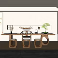Modern Tea Room Interior With Long Wooden Table Stools Green Plant And Tea Set