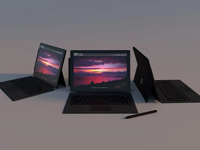 Modern Portable Laptops Displaying Sunset Scenery In Different Angles With Stylus Pen 3d model