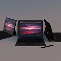 Modern Portable Laptops Displaying Sunset Scenery In Different Angles With Stylus Pen 3d model