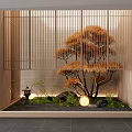 Japanese Style Garden Ornament with Bamboo Screen Orange Leaved Tree Moss Stones and Round Light