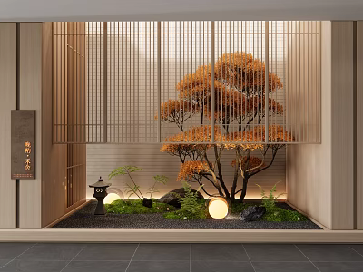 Japanese Style Garden Ornament with Bamboo Screen Orange Leaved Tree Moss Stones and Round Light 3d model