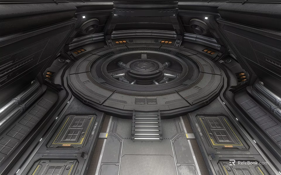 Futuristic Sci Fi Interior Design With Circular Platform And Metallic Control Panels 3d model