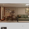 Warm Elegant Open Living And Dining Room With Green Leather Sofa And Classic Wooden Furniture