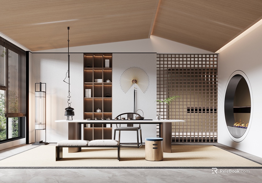 Serene Tea Room Interior With Wooden Ceiling Open Shelves Round Window And Tatami Mat 3d model 