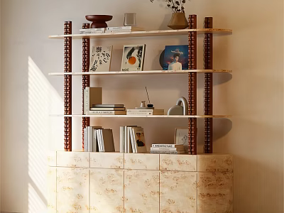Decorative Bookshelf With Patterned Cabinet And Ornaments Like Books Vases And Picture Frames 3d model