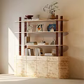 Decorative Bookshelf With Patterned Cabinet And Ornaments Like Books Vases And Picture Frames