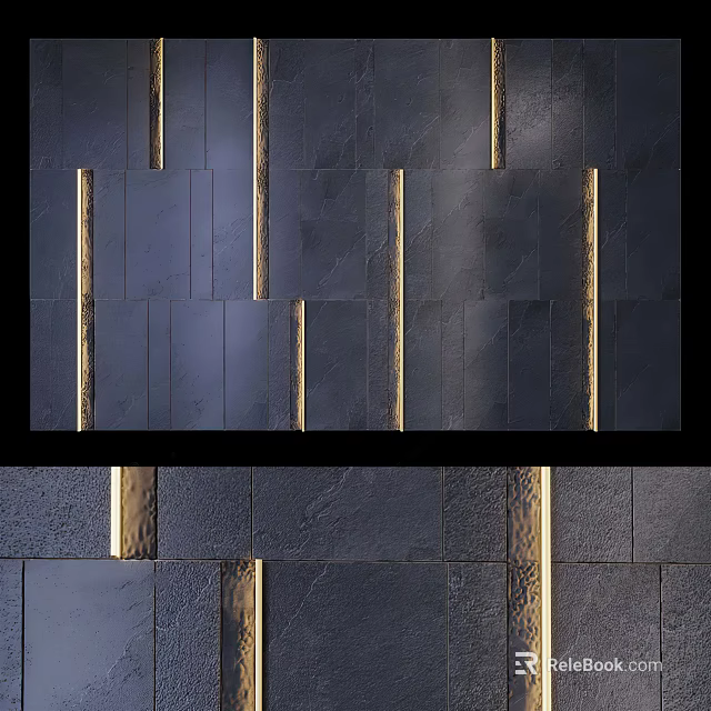 Modern Sofa Background Wall With Dark Textured Tiles And Golden Vertical Accents 3d model 
