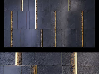 Modern Sofa Background Wall With Dark Textured Tiles And Golden Vertical Accents 3d model