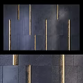 Modern Sofa Background Wall With Dark Textured Tiles And Golden Vertical Accents