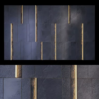 Modern Sofa Background Wall With Dark Textured Tiles And Golden Vertical Accents 3d model