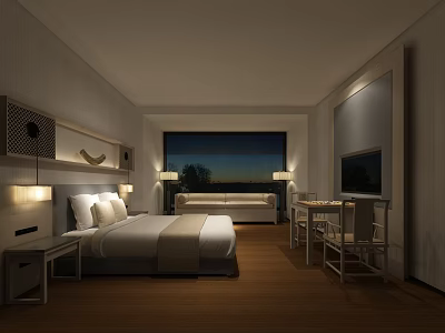 Minimalist Hotel Room Interior With Comfortable Bed Large Window Sofa And Wooden Floor 3d model