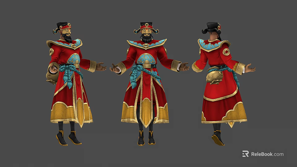 Traditional Man In Red And Gold Ornate Costume With Blue Sash Three Angles View 3d model 