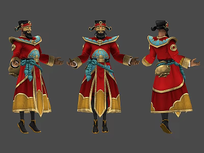 Traditional Man In Red And Gold Ornate Costume With Blue Sash Three Angles View 3d model