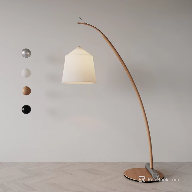 Modern Arched Wooden Floor Lamp with White Shade and Decorative Balls in Light Room 3d model 