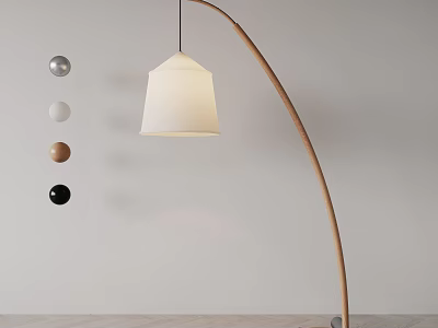 Modern Arched Wooden Floor Lamp with White Shade and Decorative Balls in Light Room 3d model