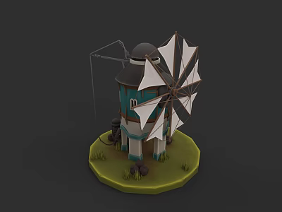 Garden Landscape Design Featuring Traditional Windmill Tower With Green Grass And Circular Base 3d model
