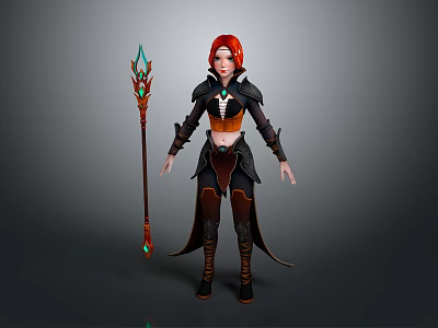 Fantasy Red Haired Female Mage In Black Orange Outfit Holding Staff With Green Blue Gems 3d model
