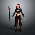 Fantasy Red Haired Female Mage In Black Orange Outfit Holding Staff With Green Blue Gems