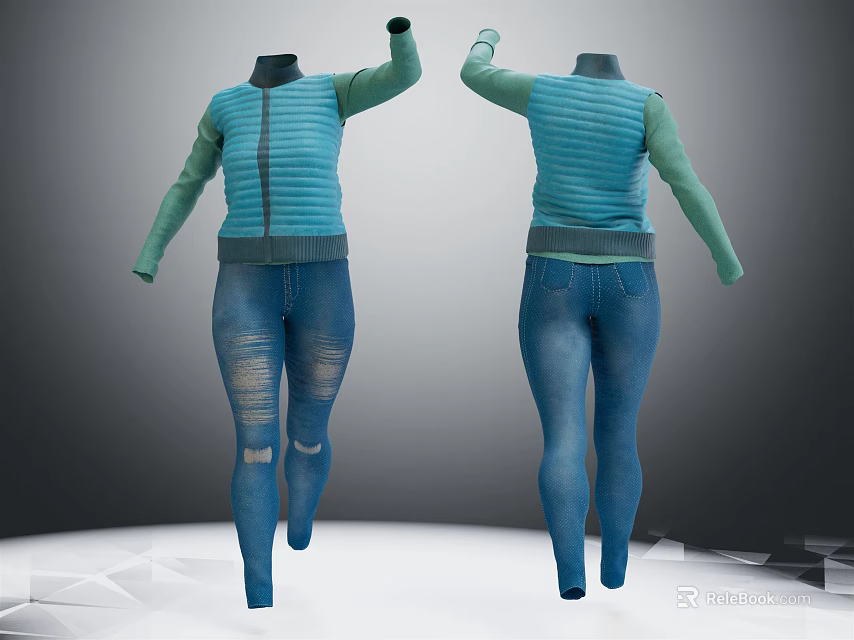 Blue Long Sleeve Jacket With Zipper Design And Ripped Blue Jeans Front Back Views 3d model 