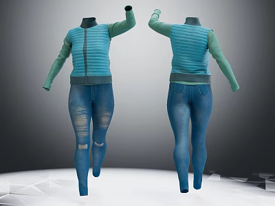 Blue Long Sleeve Jacket With Zipper Design And Ripped Blue Jeans Front Back Views 3d model