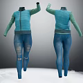 Blue Long Sleeve Jacket With Zipper Design And Ripped Blue Jeans Front Back Views