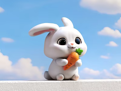 Cute White Rabbit Holding Fresh Carrot Against Blue Sky With Clouds 3d model