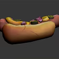 Golden Bun Hot Dog Topped with Yellow Mustard Green Pickles Purple Relish
