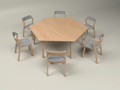 Hexagonal Wooden Table and Chair Set with Six Gray Cushioned Chairs 3d model