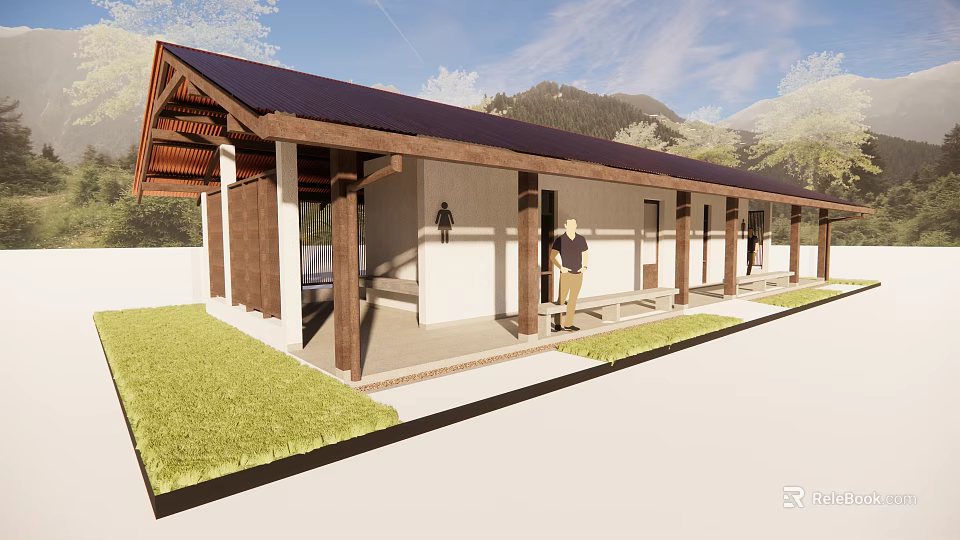 Rustic House Exterior With Wooden Porch Dark Roof Grass Lawn And Mountain View 3d model 