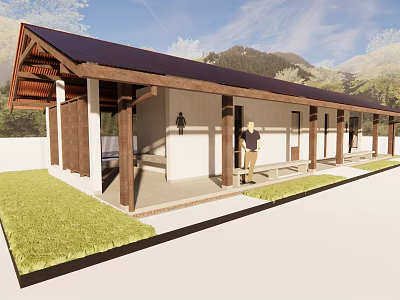 Rustic House Exterior With Wooden Porch Dark Roof Grass Lawn And Mountain View 3d model