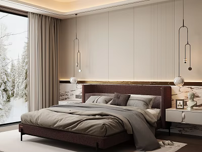 Modern Bedroom Interior With Brown Bed Frame Linen Bedding Hanging Lamps And Snowy Window View 3d model