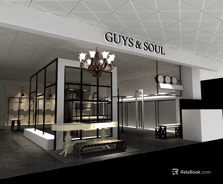 Guys & Soul Clothing Store Modern Interior With Chandelier Glass Display Cases And Clothing Racks 3d model 