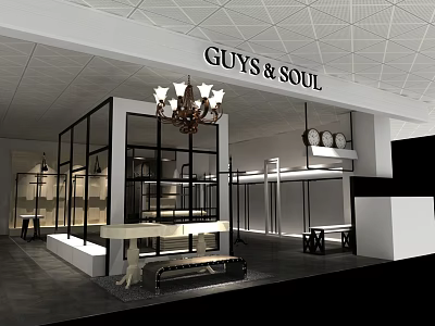 Guys & Soul Clothing Store Modern Interior With Chandelier Glass Display Cases And Clothing Racks 3d model