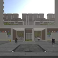 Modern Entrance Gate of High Rise Residential Building with Glass Doors Plaza and Pedestrians Walking