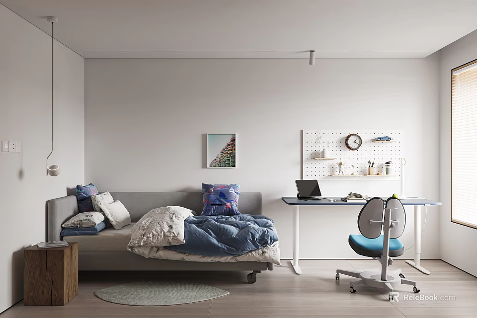 Modern Minimalist Kids Room With Sleeper Sofa Desk And Pegboard 3d model 