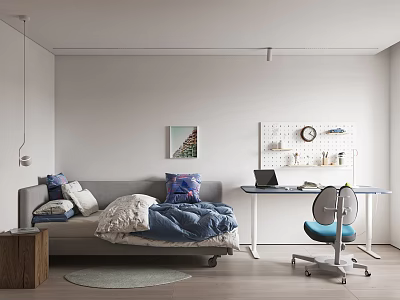 Modern Minimalist Kids Room With Sleeper Sofa Desk And Pegboard 3d model