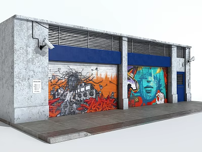 Industrial Factory Building With Gray Concrete Walls Blue Roller Shutters And Colorful Graffiti Art 3d model