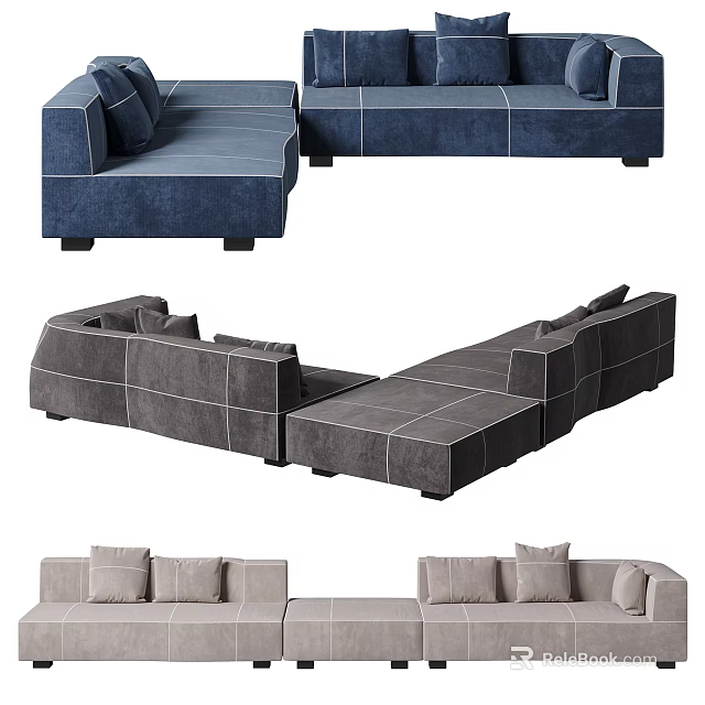 Modern Sectional Sofa With Blue Gray Beige Colors Modular Design And Comfortable Pillows 3d model