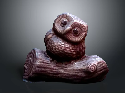 Dark Brown Owl Statue Sitting On Wooden Log With Texture Details 3d model