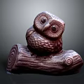 Dark Brown Owl Statue Sitting On Wooden Log With Texture Details