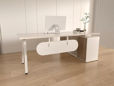 Modern White Desk With Computer Monitor Small Potted Plant And Wooden Floor 3d model