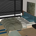 Comfortable Double Bed With Blue Padded Headboard Green Comforter White Sheets And Black Blinds