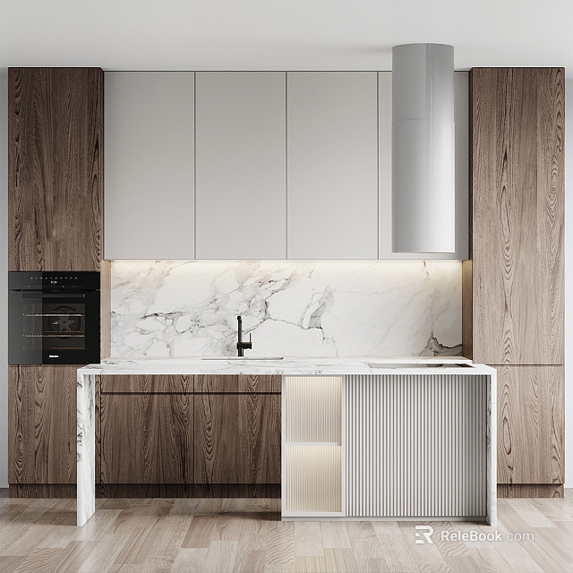 Modern Kitchen Interior With White Cabinets Marble Countertop Range Hood And Wooden Accents 3d model 