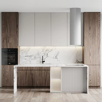 Modern Kitchen Interior With White Cabinets Marble Countertop Range Hood And Wooden Accents 3d model