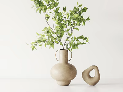 Minimalist Clay Handled Vase With Lush Green Foliage And Irregular Decorative Ring For Tabletop Decor 3d model
