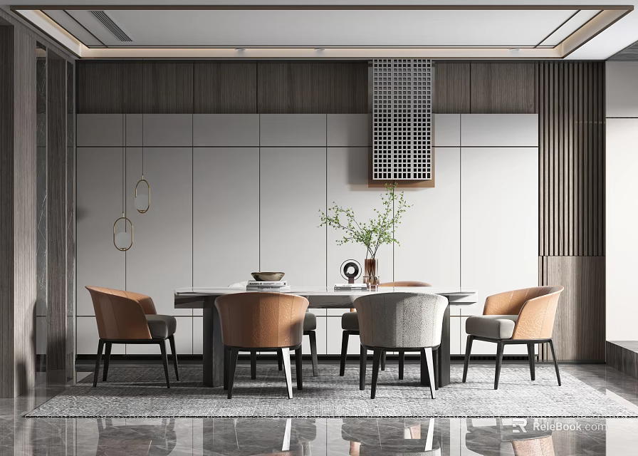 Modern Restaurant Interior Design With Round Dining Table Chairs Pendant Lights And Potted Plants 3d model 