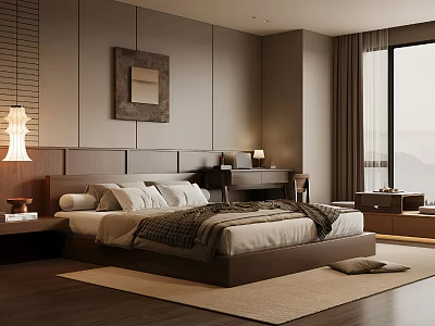 Modern Bedroom Interior With Wooden Headboard White Pillows And Mountain View Window 3d model
