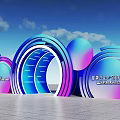 Modern Exhibition Installation With Colorful Circular Arches Blue Purple Gradient And Logo Elements