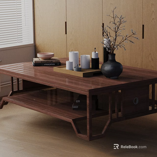 Modern Wooden Sofa and Coffee Table Set with Books Candles Vase Branches in Living Room 3d model 
