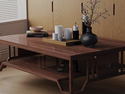 Modern Wooden Sofa and Coffee Table Set with Books Candles Vase Branches in Living Room 3d model